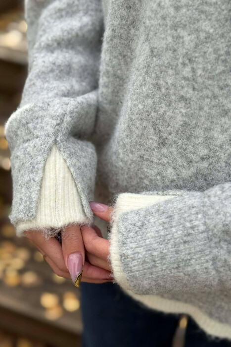 BUTTONED NECK SIMPLE WOMEN SWEATER LIGHT GREY/GZ - 4