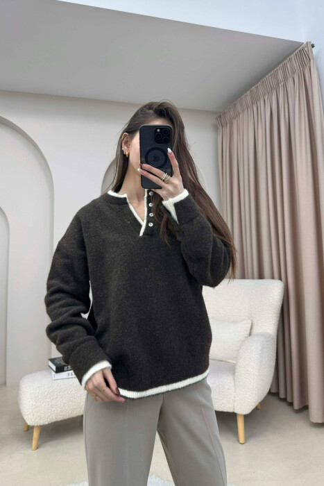 BUTTONED NECK SIMPLE WOMEN SWEATER OLIVE/ULLI 