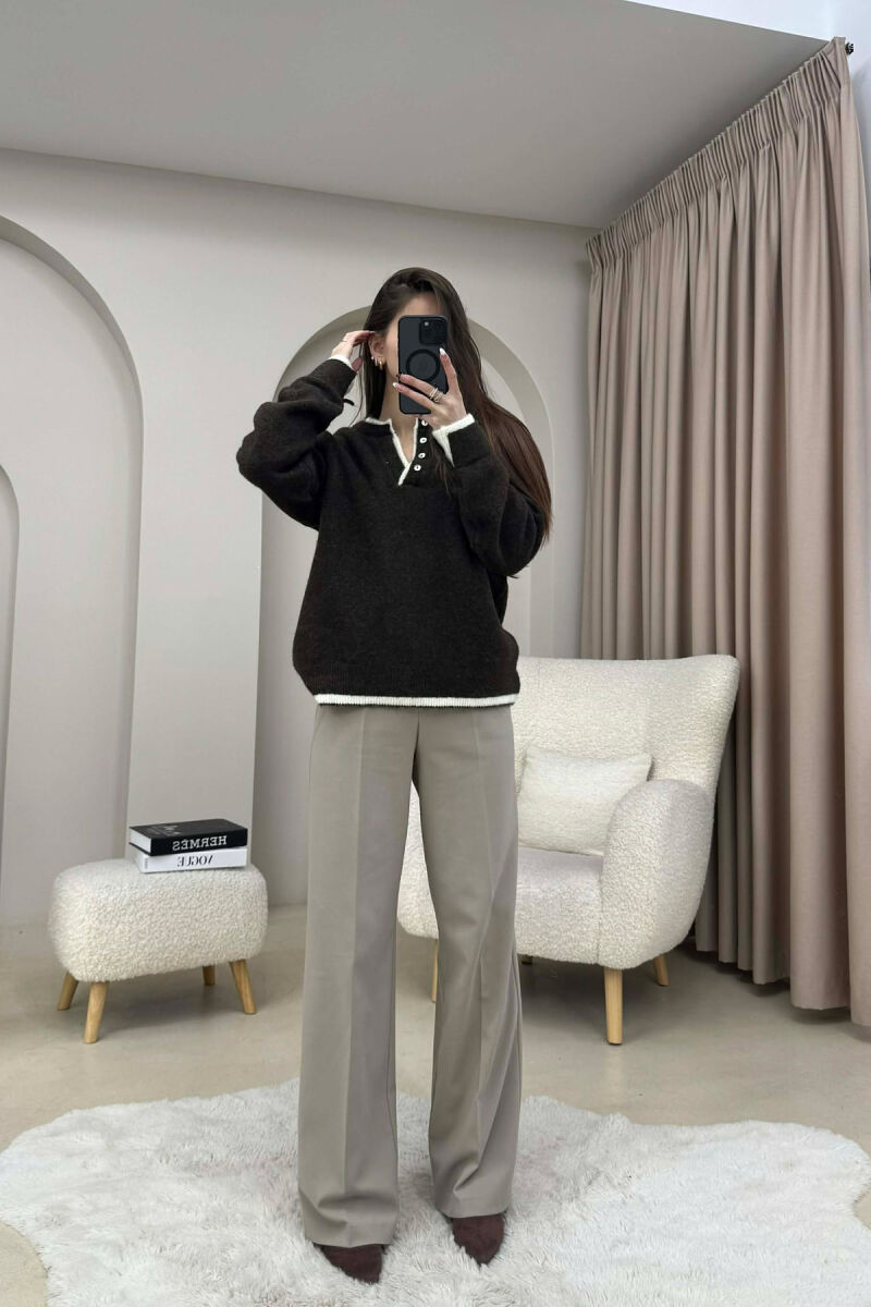 BUTTONED NECK SIMPLE WOMEN SWEATER OLIVE/ULLI - 3