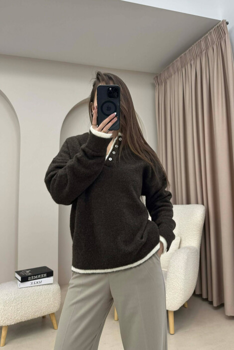 BUTTONED NECK SIMPLE WOMEN SWEATER OLIVE/ULLI - 4