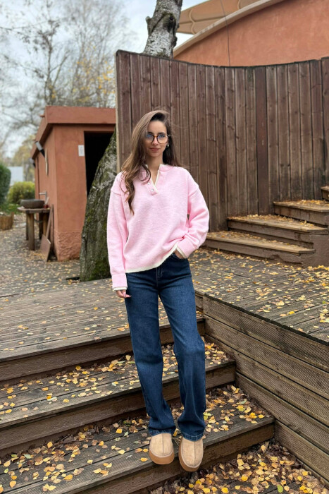 BUTTONED NECK SIMPLE WOMEN SWEATER PINK/ROZE 