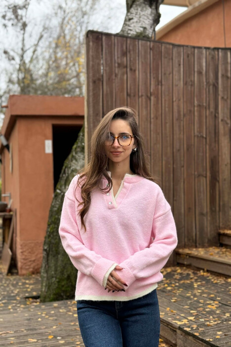 BUTTONED NECK SIMPLE WOMEN SWEATER PINK/ROZE - 3