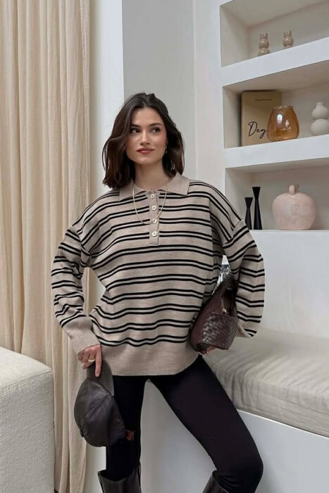 BUTTONED POLO NECK SIMPLE WOMAN SWEATER BEIGE/BEZHE 