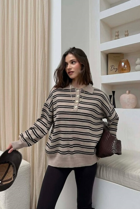 BUTTONED POLO NECK SIMPLE WOMAN SWEATER BEIGE/BEZHE - 2