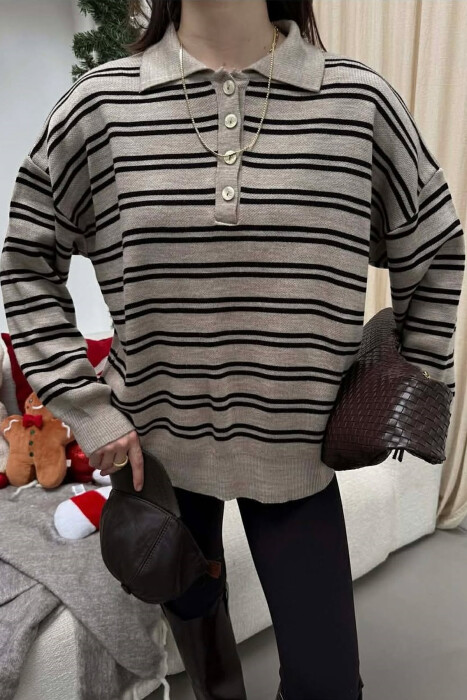 BUTTONED POLO NECK SIMPLE WOMAN SWEATER BEIGE/BEZHE - 3