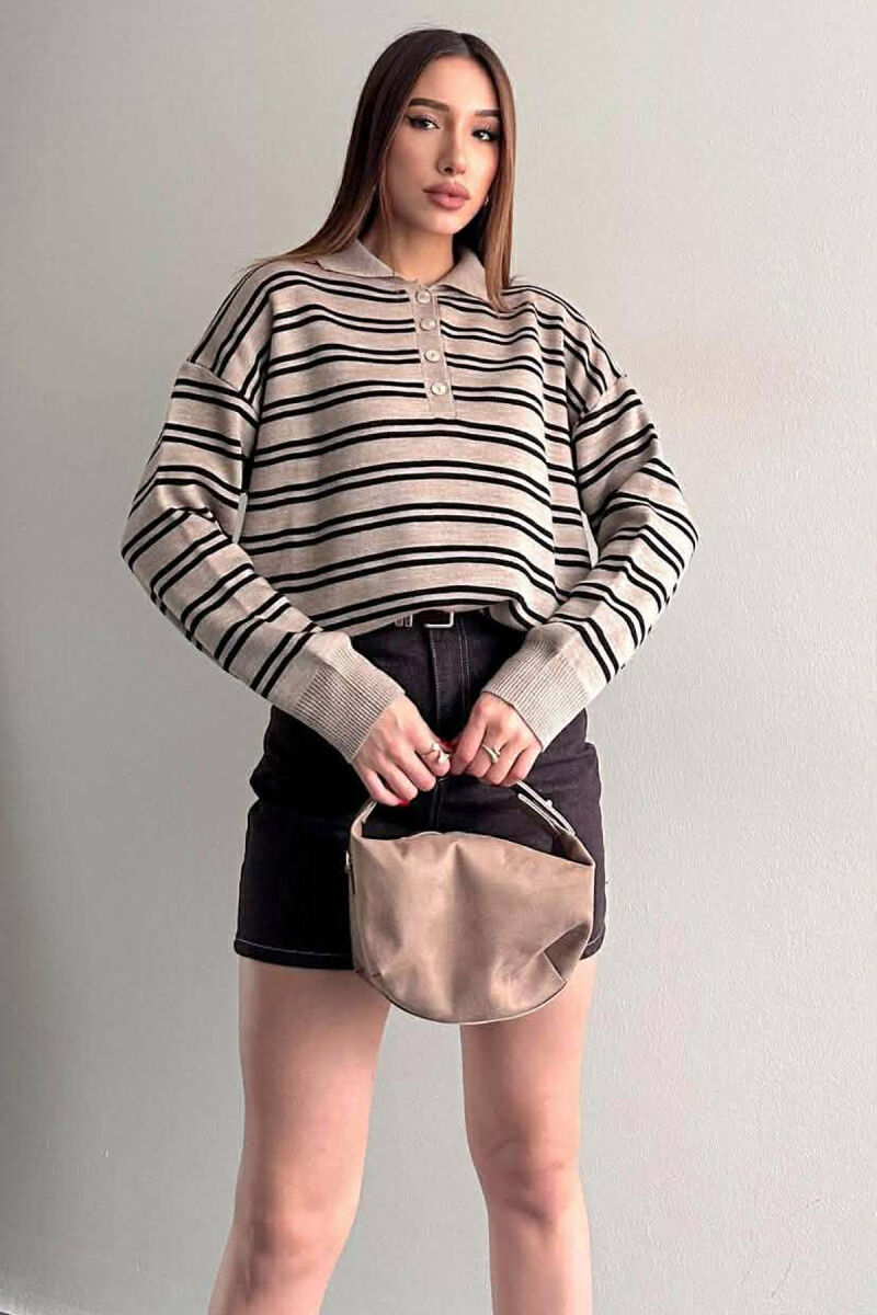 BUTTONED POLO NECK SIMPLE WOMAN SWEATER CREAM/KREM - 1