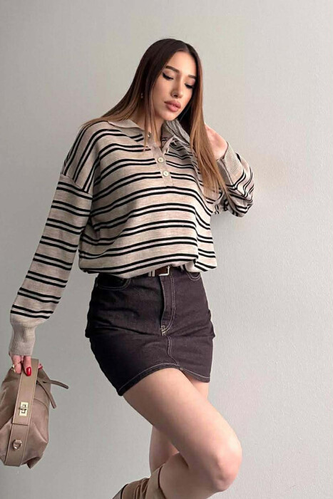 BUTTONED POLO NECK SIMPLE WOMAN SWEATER CREAM/KREM - 2