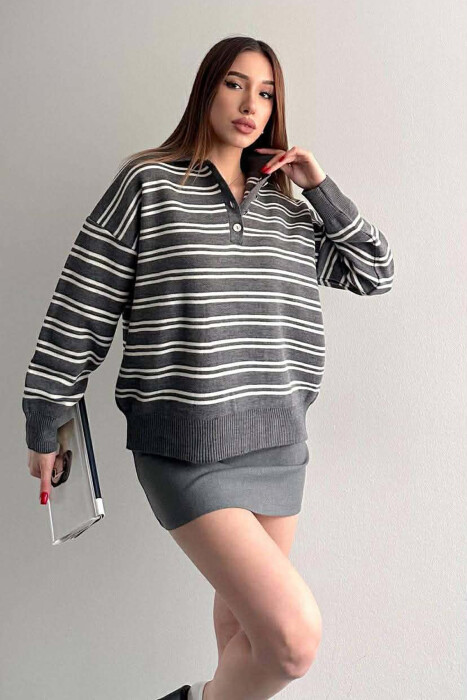 BUTTONED POLO NECK SIMPLE WOMAN SWEATER GREY/GRI 