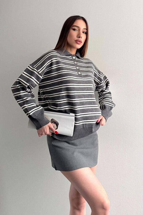 BUTTONED POLO NECK SIMPLE WOMAN SWEATER GREY/GRI - 2