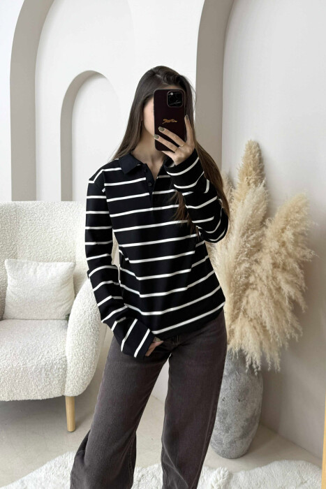 BUTTONED POLO NECK STRIPED WOMEN SWEATSHIRT BLACK/ E ZEZE - 1