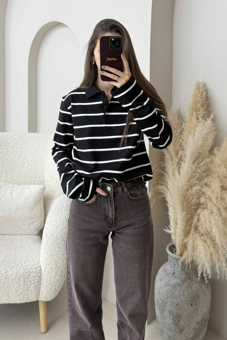 BUTTONED POLO NECK STRIPED WOMEN SWEATSHIRT BLACK/ E ZEZE - 2