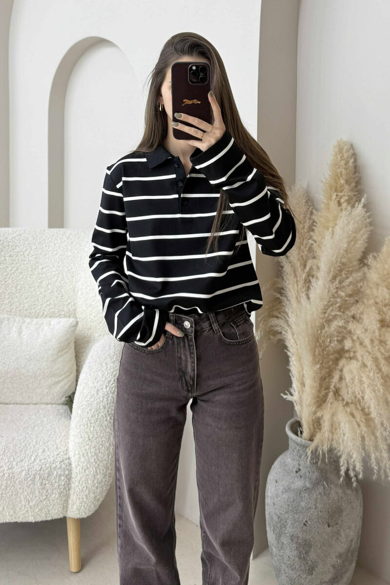 BUTTONED POLO NECK STRIPED WOMEN SWEATSHIRT BLACK/ E ZEZE - 2