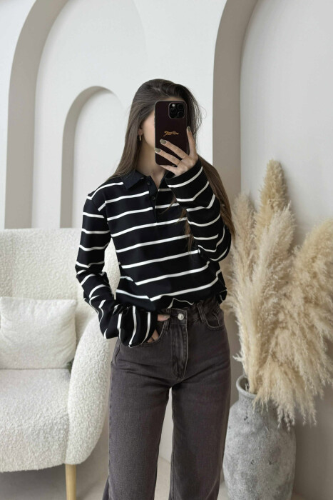 BUTTONED POLO NECK STRIPED WOMEN SWEATSHIRT BLACK/ E ZEZE - 3