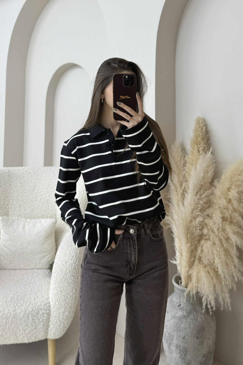 BUTTONED POLO NECK STRIPED WOMEN SWEATSHIRT BLACK/ E ZEZE - 3