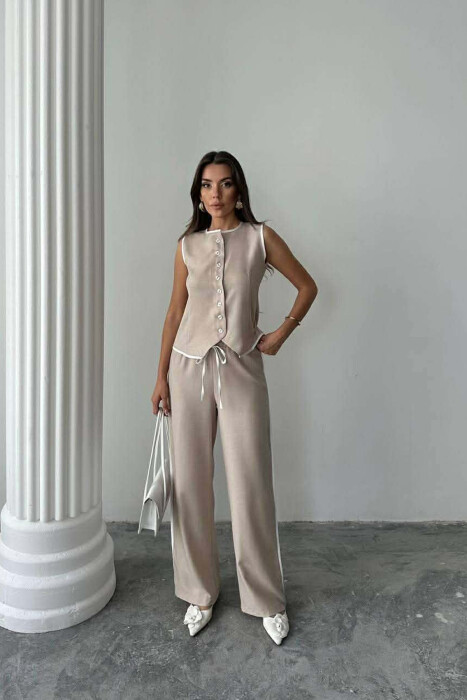 BUTTONED ROUND NECK VEST + TROUSERS WOMAN TWO PIECE SET BEIGE/BEZHE - 1