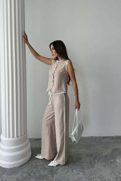 BUTTONED ROUND NECK VEST + TROUSERS WOMAN TWO PIECE SET BEIGE/BEZHE - 2