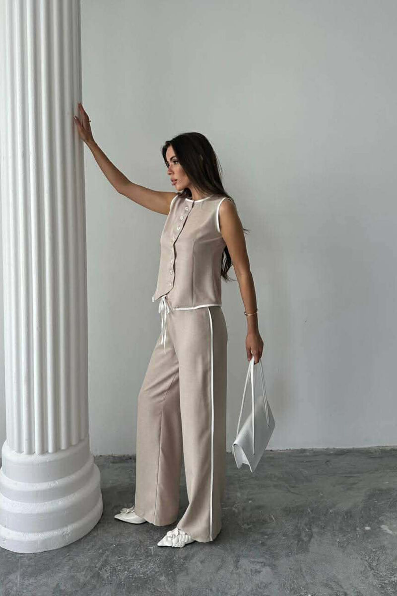 BUTTONED ROUND NECK VEST + TROUSERS WOMAN TWO PIECE SET BEIGE/BEZHE - 2