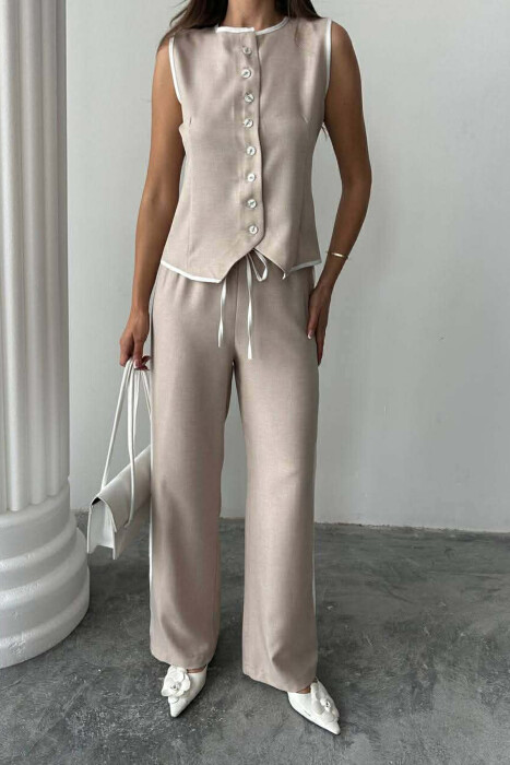 BUTTONED ROUND NECK VEST + TROUSERS WOMAN TWO PIECE SET BEIGE/BEZHE - 3