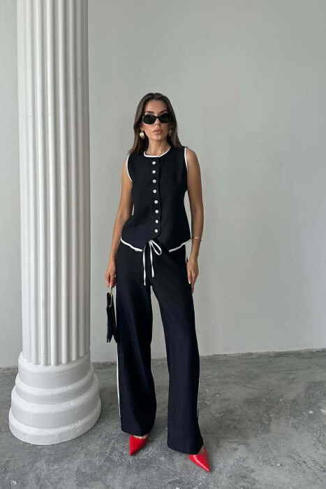 BUTTONED ROUND NECK VEST + TROUSERS WOMAN TWO PIECE SET BLACK/ E ZEZE 