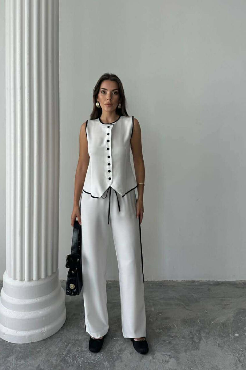 BUTTONED ROUND NECK VEST + TROUSERS WOMAN TWO PIECE SET WHITE-E BARDHE - 1