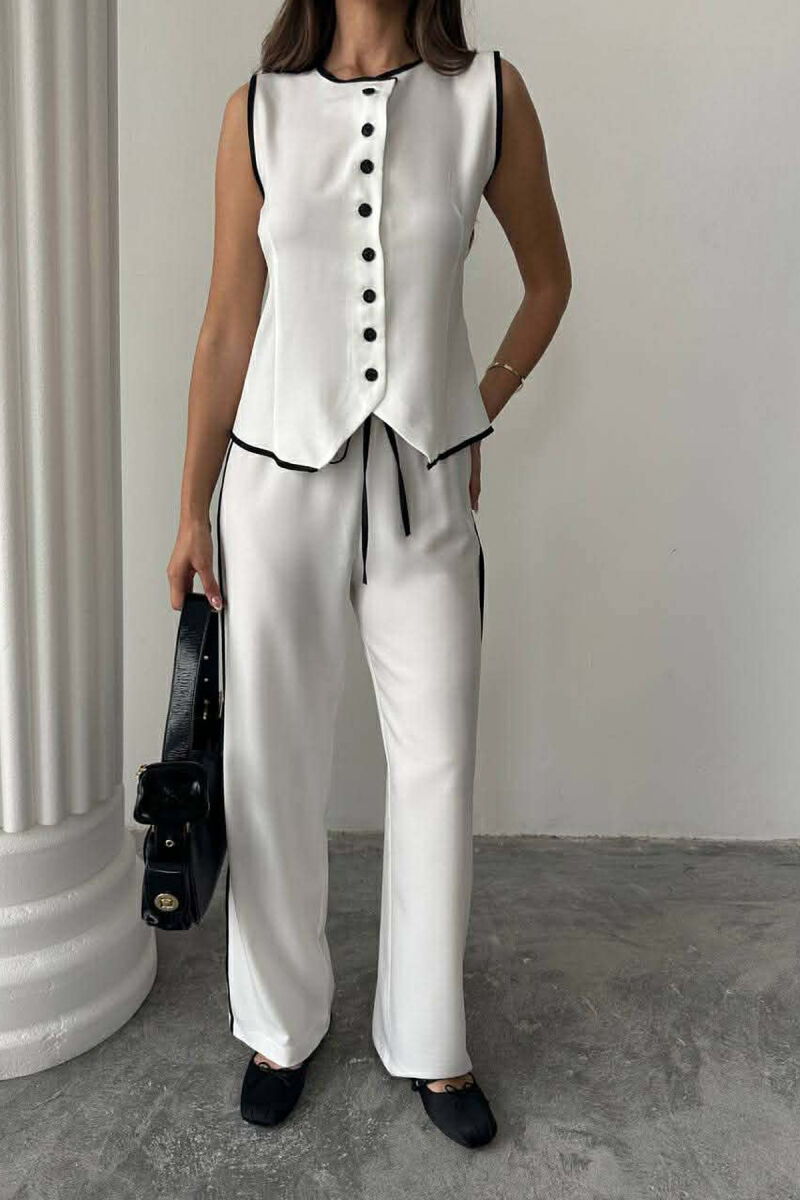 BUTTONED ROUND NECK VEST + TROUSERS WOMAN TWO PIECE SET WHITE-E BARDHE - 2