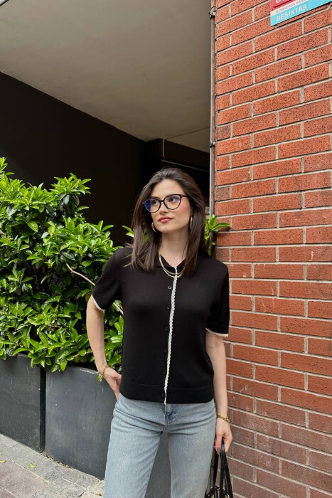 BUTTONED SHORT SLEEVE POLO NECK WOMEN SWEATER BLACK/ E ZEZE - KLAUDIO FASHION