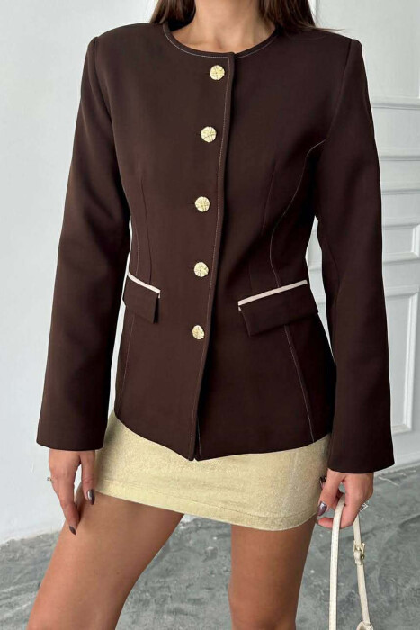 BUTTONED SHOULDER PADS WOMEN JACKET BROWN/KAFE - 7