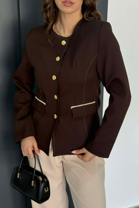 BUTTONED SHOULDER PADS WOMEN JACKET BROWN/KAFE - 3