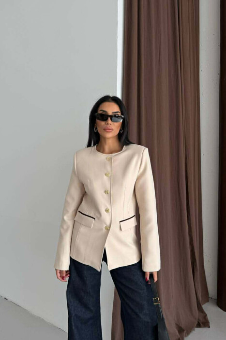 BUTTONED SHOULDER PADS WOMEN JACKET CREAM/KREM - 3