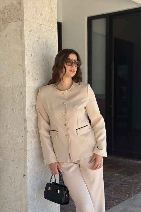 BUTTONED SHOULDER PADS WOMEN JACKET CREAM/KREM - 4