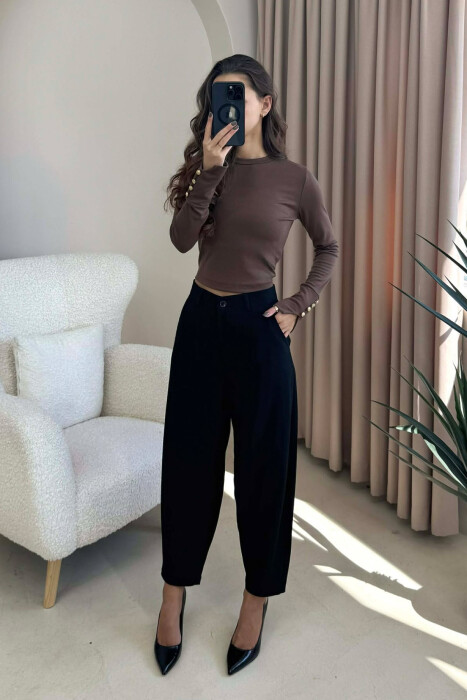 BUTTONED SLEEVES ROUND NECK WOMEN SWEATSHIRT BROWN/KAFE 