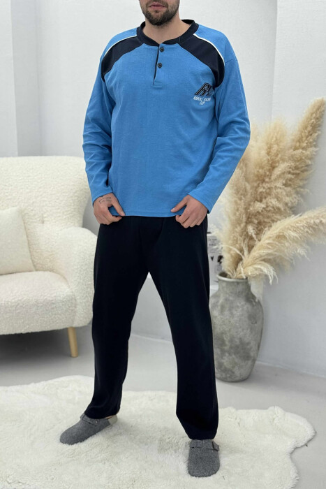 BUTTONED SWEATSHIRT+ SWEATPANTS MEN PYJAMAS LIGHTBLUE/BZ - KLAUDIO FASHION