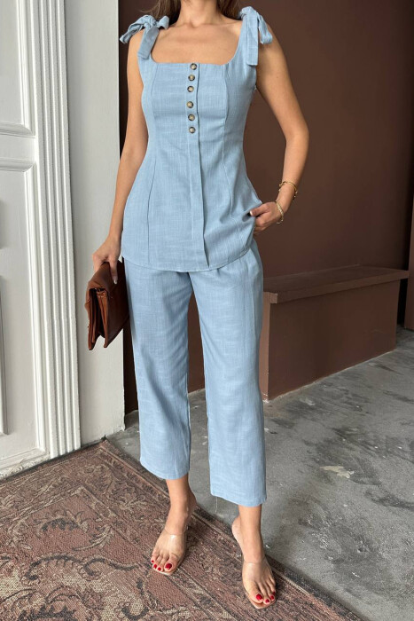 BUTTONED TANK TOP+ TROUSERS WOMAN TWO PIECE SET BABY BLUE/BLU BY - 4
