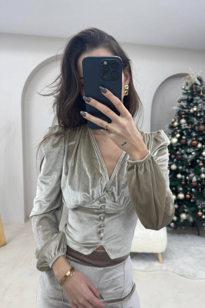 BUTTONED WOMEN VELVET TOP BEIGE/BEZHE - 1
