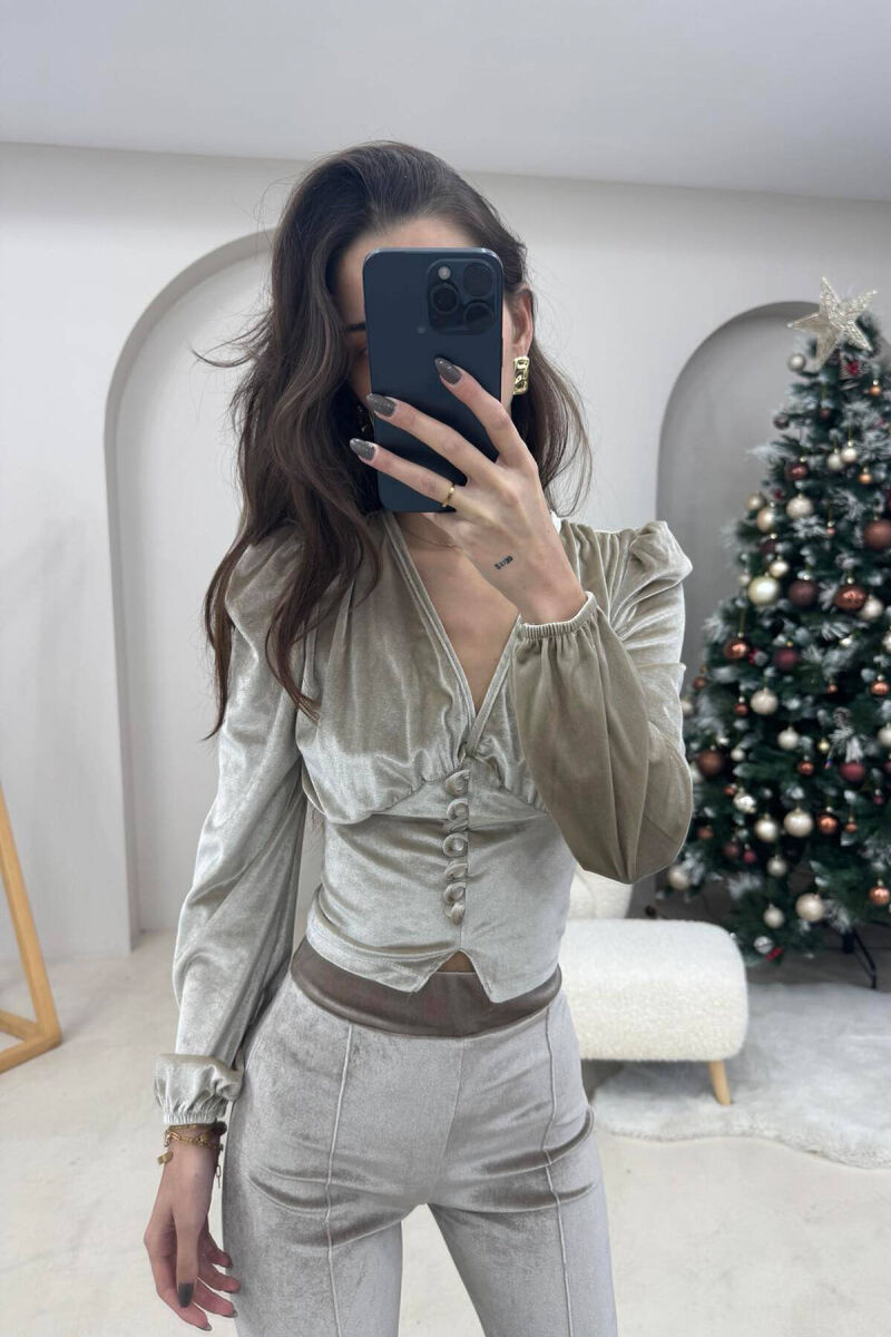 BUTTONED WOMEN VELVET TOP BEIGE/BEZHE - 2