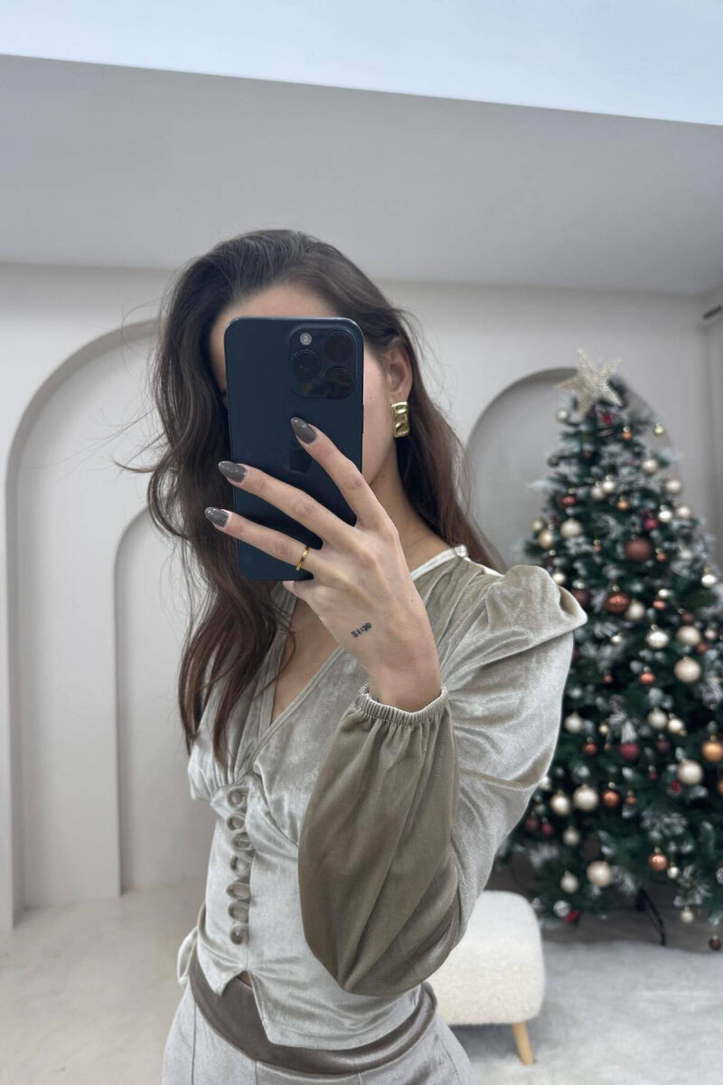 BUTTONED WOMEN VELVET TOP BEIGE/BEZHE - 3