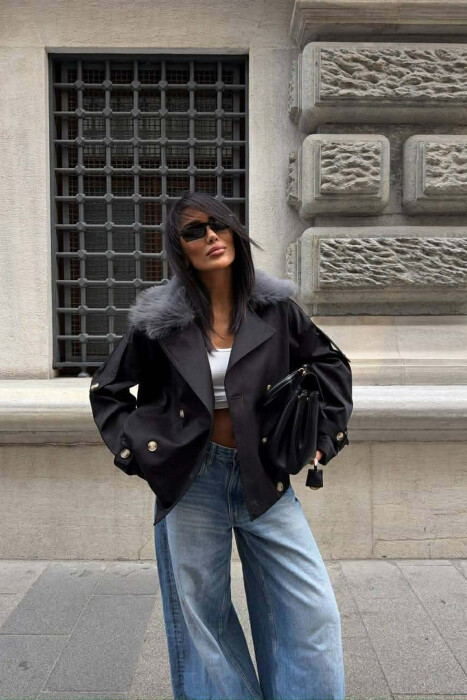 BUTTONS DETAIL FLUFFY NECK SHORT WOMEN JACKET BLACK/ E ZEZE - 5