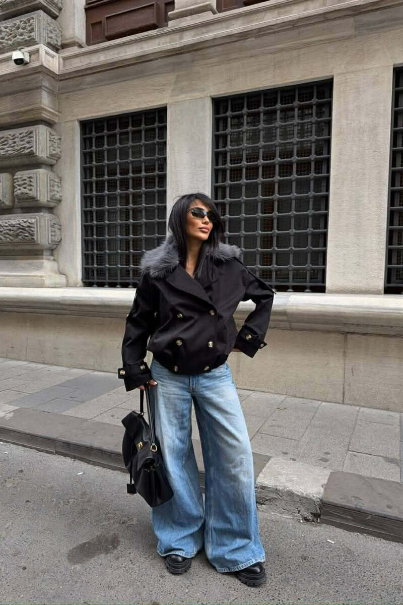 BUTTONS DETAIL FLUFFY NECK SHORT WOMEN JACKET BLACK/ E ZEZE - 6