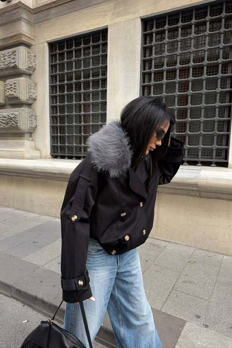 BUTTONS DETAIL FLUFFY NECK SHORT WOMEN JACKET BLACK/ E ZEZE - 7