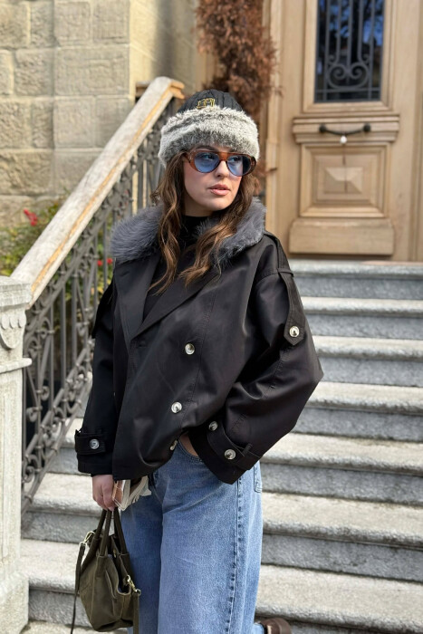 BUTTONS DETAIL FLUFFY NECK SHORT WOMEN JACKET BLACK/ E ZEZE - 2