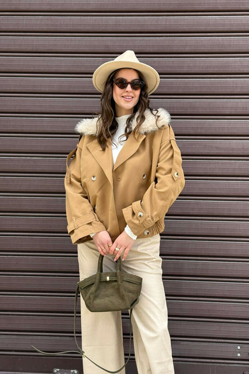 BUTTONS DETAIL FLUFFY NECK SHORT WOMEN JACKET LIGHT BROWN/KAZB - 1