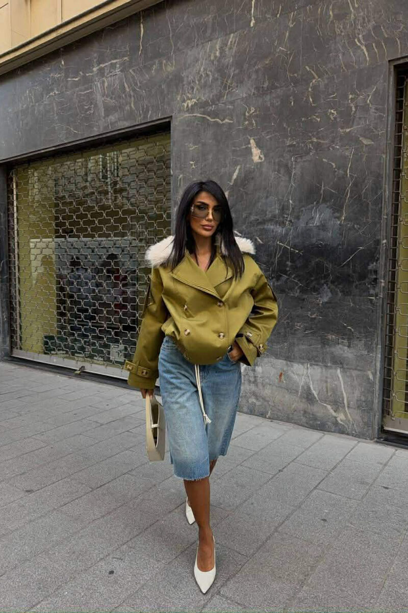 BUTTONS DETAIL FLUFFY NECK SHORT WOMEN JACKET OLIVE/ULLI - 5