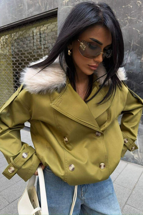 BUTTONS DETAIL FLUFFY NECK SHORT WOMEN JACKET OLIVE/ULLI - 6