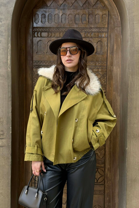 BUTTONS DETAIL FLUFFY NECK SHORT WOMEN JACKET OLIVE/ULLI - 1