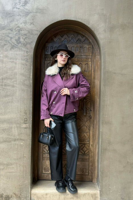 BUTTONS DETAIL FLUFFY NECK SHORT WOMEN JACKET PURPLE/LEJLA 