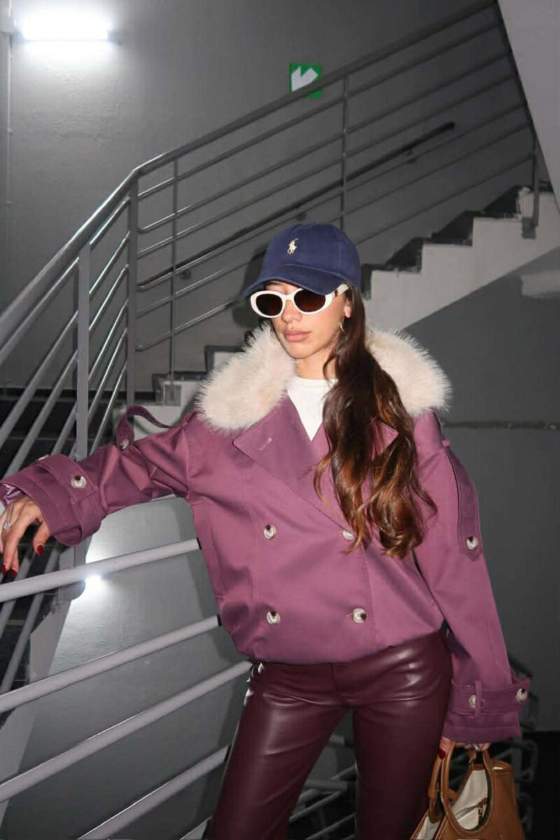 BUTTONS DETAIL FLUFFY NECK SHORT WOMEN JACKET PURPLE/LEJLA - 5