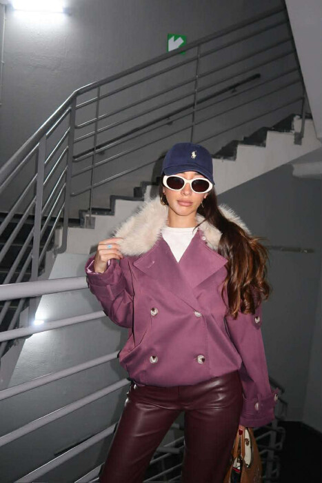 BUTTONS DETAIL FLUFFY NECK SHORT WOMEN JACKET PURPLE/LEJLA - 6