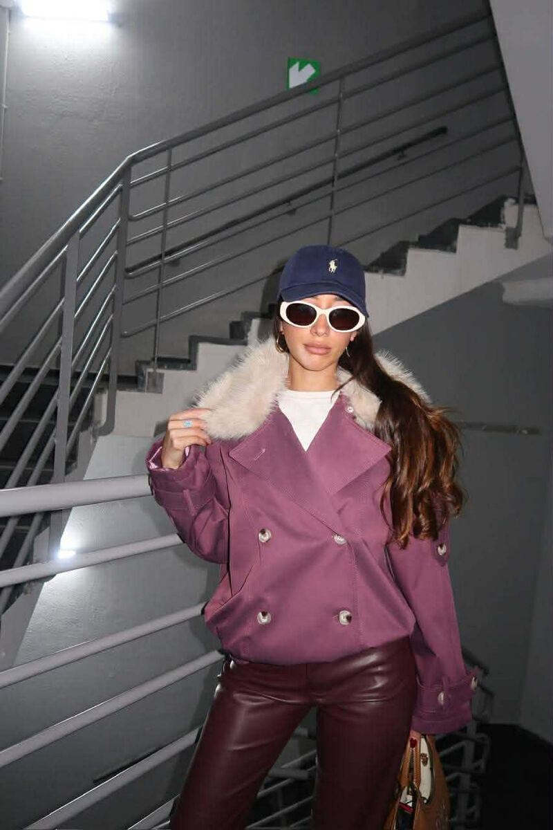 BUTTONS DETAIL FLUFFY NECK SHORT WOMEN JACKET PURPLE/LEJLA - 6