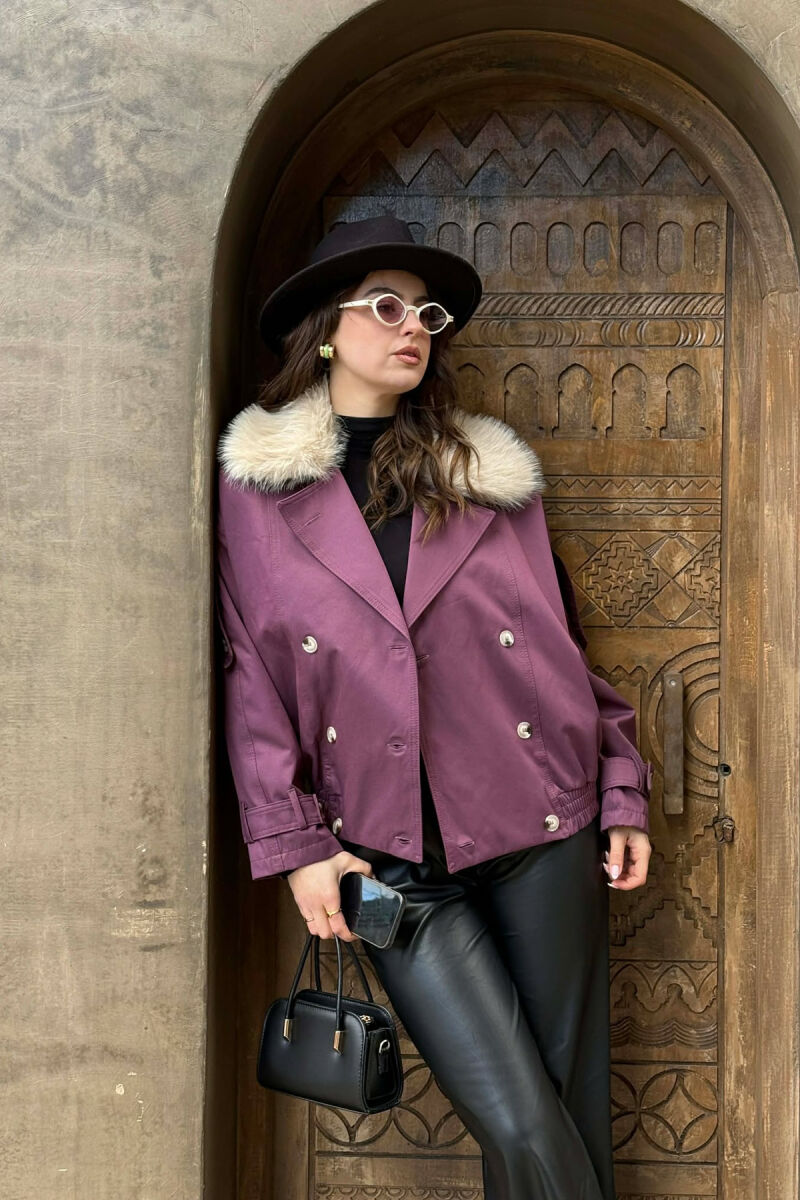 BUTTONS DETAIL FLUFFY NECK SHORT WOMEN JACKET PURPLE/LEJLA - 2