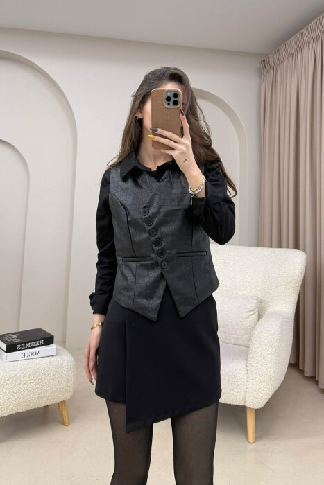 BUTTONS DETAIL LEATHER WOMEN VEST BLACK/ E ZEZE - 3